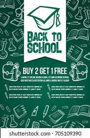 Back to School sale poster or web banner template for seasonal special discount offer on school supplies stationery. Vector math book, school computer or pencil and ruler pattern on green chalkboard.