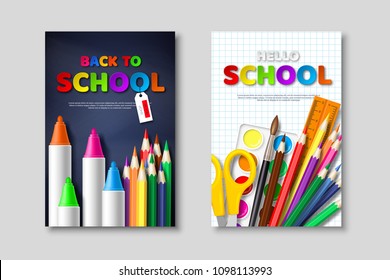 Back to school sale posters with 3d realistic school supplies and paper cut style letters. Poster for seasonal discount, vector illustration.