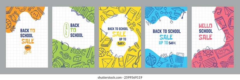 Back to school sale posters. Seasonal discount, online stores banners. Educational elements, profitable to get ready for study info, neoteric vector template