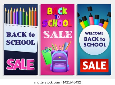 Back to school sale posters set. Vertical banners design with pencils, backpack and other supplies. Vector illustration can be used for ads, flyers, signs