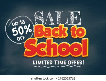 Back to school sale promo banner design. Chalkboard background with doodles and sale offer. Back to school poster background. Vector illustration.