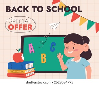 Back to school sale promo banner with with smiling girl, chalkboard, books, apple, paper plane and colorful garland. Special offer discount flyer. Beginning of study year concept. Vector illustration.
