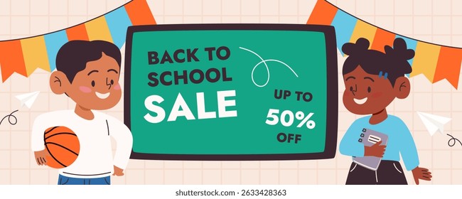 Back to school sale promo flyer or web banner with cartoon students characters. Chalkboard with lettering. Education discount advertising poster with girl and boy pupils. Flat vector illustration.