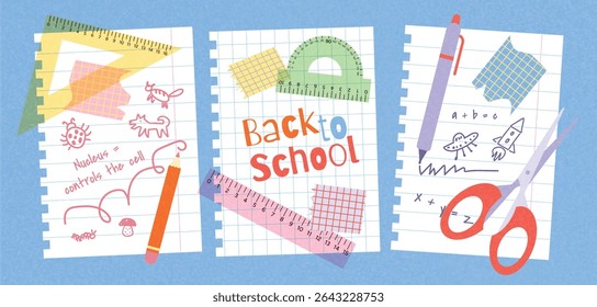 Back to School Sale, Promotion, Poster and Flyer. Papers with Hand Drawings, Pen, Pencil, Scissors, Rulers, Protractor. School Subjects and Doodles. Flat Vector Illustration for Study