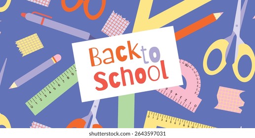 Back to School Sale, Promotion, Poster and Flyer. Seamless Background with Pens, Pencils, Scissors, Rulers, Protractors, Paper Notes. Colorful Flat Vector Stationery Illustration