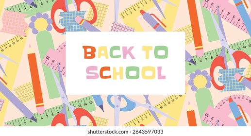 Back to School Sale, Promotion, Poster and Flyer. Seamless Pattern with Pens, Pencils, Rulers, Scissors, Flower Stickers, Paper Notes. Colorful Stationery Supplies. Flat Vector Illustration