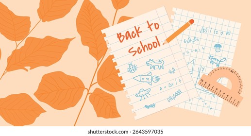 De volta à escola Venda, Promoção, Cartaz e Panfleto. Folhas de outono, folhas de papel rasgado com desenhos, fórmulas, Protrator e lápis. Conceito de Estudo Escolar. Ilustração de vetor plano