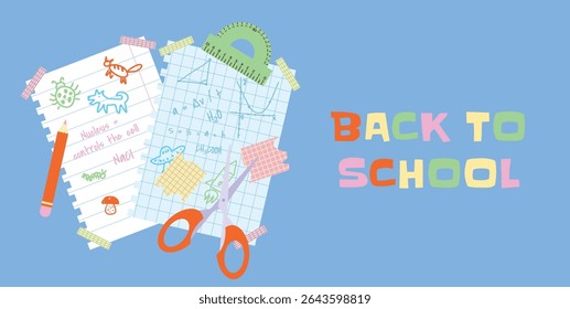 Back to School Sale, Promotion, Poster and Flyer. Hand Drawings and Formulas on Torn Paper, Scissors, Protractor, Pencil, Sticky Notes. School Subjects Concept. Flat Vector Illustration