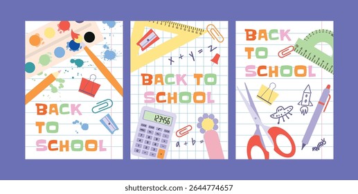 Back to School Sale, Promotion, Poster and Flyer. Paint Palette, Calculator, Clips, Pencils, Pen, Scissors, Rulers, Paper Sheets with Drawings. School Supplies. Flat Vector Illustration