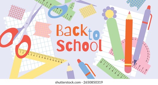 Back to School Sale, Promotion, Poster and Flyer. Scissors, Pens, Pencils, Protractors, Rulers, Flower Sticker and Paper Sheets. Stationery Collage Elements. Flat Vector Illustration