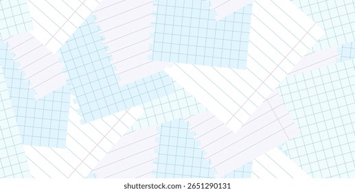 Back to School Sale, Promotion, Poster and Flyer. Torn Grid and Lined Paper Sheets Seamless Pattern. Notebook Page Texture Background. Flat Vector Illustration for Study Design