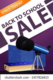 Back to school sale, purple vertical discount banner with telescope, map of the constellations and the encyclopedia of astronomy