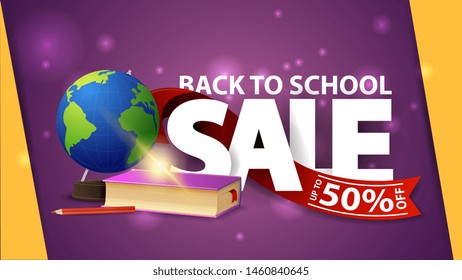 Back to school sale, purple web banner with globe and school textbooks