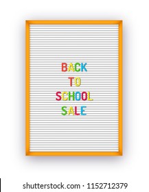 Back to school sale quote on letterboard with plastic letters. Hipster vintage inspirational poster 80x, 90x.