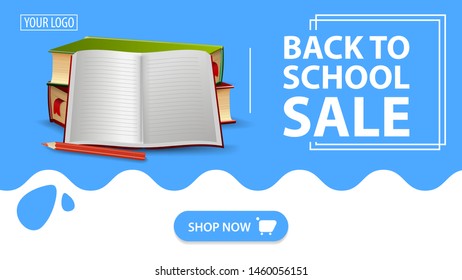 Back to school sale, red banner with school textbooks and notebook
