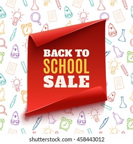 Back to School Sale red banner on hand drawn colorful seamless pattern with school tools. Vector illustration.