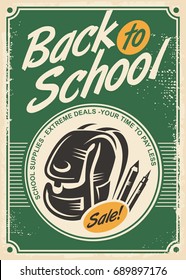 Back to school sale retro advertisement with school bag and pencils on old paper background. Vintage poster design for school supplies shop. Vector illustration.