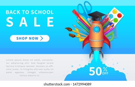 Back to school sale rocket launch, horizontal discount web banner with school supplies like pencils, paint brushes, artist palette, scissors and rulers