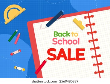 Back to school, sale, back to school sales illustration banner. Posters for school supplies and students. Web, templates, promotions, marketing, discounts, shopping, vector illustrations.