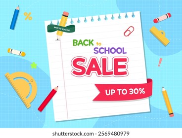 Back to school, sale, back to school sales illustration banner. Posters for school supplies and students. Web, templates, promotions, marketing, discounts, shopping, vector illustrations.