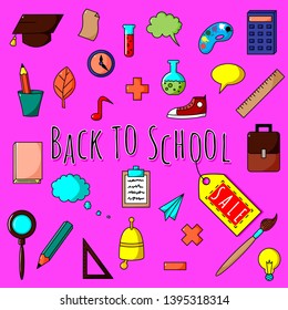 Back to school sale. Set of school illustrations. Vector cartoon school supplies.