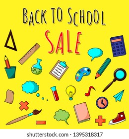 Back to school sale. Set of school illustrations. Vector cartoon school supplies.