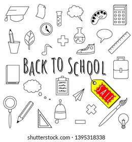 Back to school sale. Set of school illustrations. Vector cartoon school supplies.