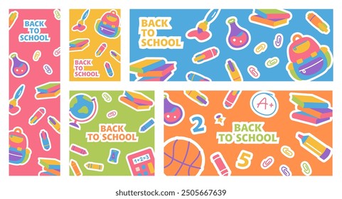 Conjunto de Anuncios de Web de venta de regreso a la escuela. Diferentes tamaños de carteles escolares estilo infantil. Vertical, Horizontal, Pósters cuadrados. Dibujado a mano de útiles escolares y objetos. Coloridos fondos escolares