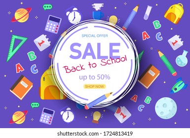 Back to School Sale Sign. Back to school banner, vector banner set of schoolbags,back to school concept ,colorful