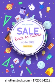 Back to School Sale Sign. Back to school banner, vector banner set of schoolbags,back to school concept ,colorful. Vertical view.