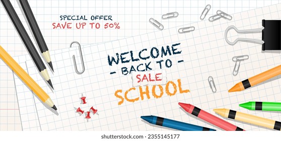 Back to school Sale sign on paper with education supplies discount banner