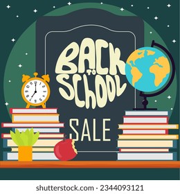 Back to School Sale square banner. Vector banner with school supplies, education elements and colorful text in textured white paper in green background. Vector illustration.