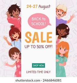 Back to School Sale. Square banner or post template with little preschool boys and girls for educational designs, promotions, advertising, sale banners. Vector illustration featuring cartoon children.