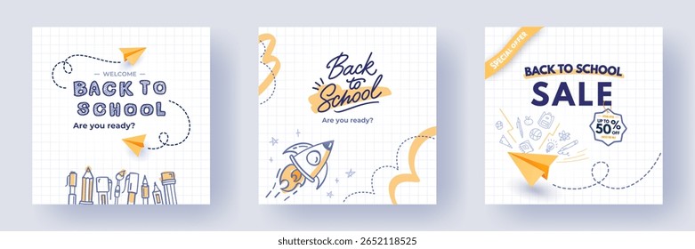 De volta a venda de escola banners quadrados, fundos. Cartazes criativos com ilustrações desenhadas à mão, planos de papel, desenhos de rabiscos em papel branco quadriculado notebook. Modelos de anúncios na Web, conceito educacional.