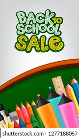 Back to School Sale with School Supplies Background. Vector Illustration.