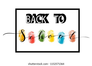 Back to School sale tag. Vector illustration with frame and colored fingerprints (orange, red,green, yellow, blue). 