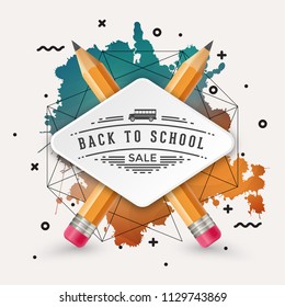 Back to school sale template design on colorful background with realistic pencil illustration
