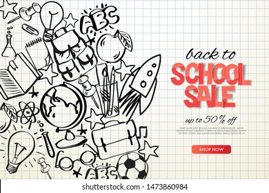 Back to school sale template. School doodle on checkered paper background, vector illustration.