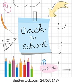 Back to school sale template with note paper and on grid background with crayon and arrows