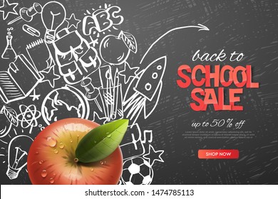 Back to school sale template. Realistic red apple on outline doodle school background, vector illustration.