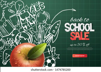 Back to school sale template. Realistic red apple on outline doodle school background, vector illustration.