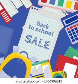 Back to School sale template for social networks. Vector blue design background in flat style.