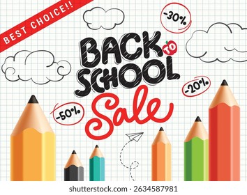 Back to school sale text clipart banner. School promotion discount clip art in grid lines background with colorful pencils for shopping advertisement vector illustration.  
