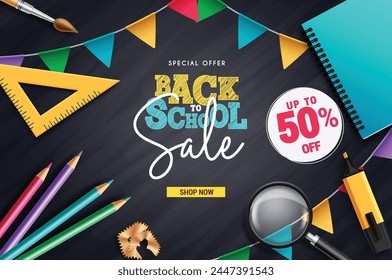 Back to school sale text vector banner. School promotion clearance discount offer sale with 50% off retail price for educational supplies and elements shopping. Vector illustration school promo 