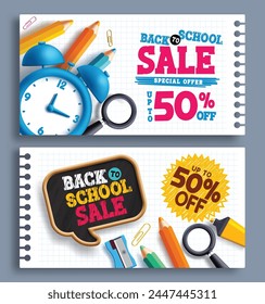 Back to school sale text vector banner set. Back to school special offer with 50% off in grid paper for shopping promotion lay out collection. Vector illustration school sale banner set.  
