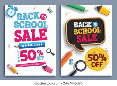 Back to school sale text vector poster set design. Back to school special offer with 50% discount promo for educational shopping promotion lay out collection. Vector illustration school sale advertise