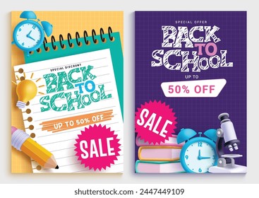 Back to  school sale text vector poster set. School promotion special offer discount with educational items, materials, supply and elements for shopping promotion lay out collection. Vector 