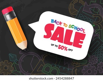 Back to school sale text vector banner. Back to school 50% discount price offer text with pencil elements in black board background. Vector illustration school sale flyers design. 
