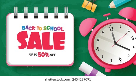 Back to school sale text vector template design. Back to school discount price offer in calendar notebook elements for educational items and supplies shopping time promotion. Vector illustration 