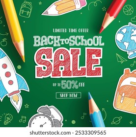 Voltar para a faixa de vetor de texto de venda escolar. Oferta limitada de venda escolar para panfletos de desconto e promoção de compras em design de fundo verde. Ilustração de vetor.

